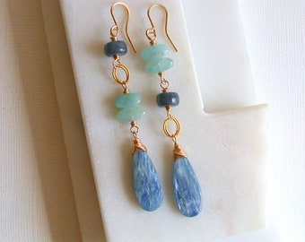 Mom Day Sale! Asymmetrical Gemstone Strand Earrings. Aquamarine and Kyanite Earrings. Asymmetrical Earrings. Gold fill or Sterling silver.