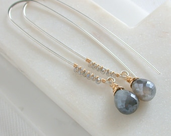 Mystic Black Moonstone Adorned Threaders. Moonstone Gemstone Threader Earrings. Gemstone Threaders Hoops. Gray Gemstone Earrings
