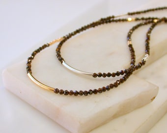 Delicate Bronzite Necklace> Gold Bar Accent. Layering Necklace