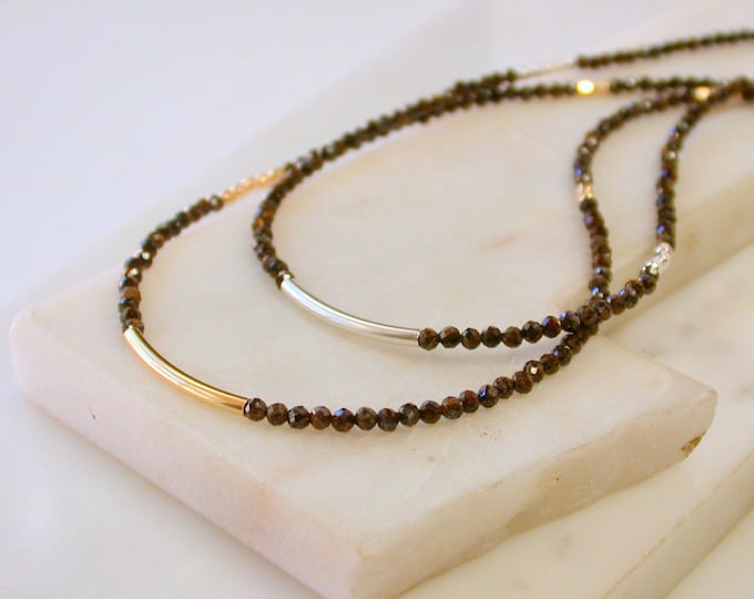 Featured listing image: Delicate Bronzite Necklace> Gold Bar Accent. Layering Necklace