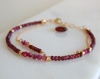 Double Strand Garnet Bracelet with Pink Tourmaline. Gemstone Bracelet. Minimalist Gemstone Garnet Bracelet. Birthstone Jewelry.