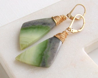 OOAK. One of a Kind Serpentine Gemstone Earrings. Gold fill and Gemstone Statement Earrings. Gifts for Girlfriends.