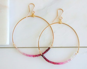 Ombre Ruby Hoop Earrings. Gorgeous Gemstone Ruby Earrings. Big Bold Ruby Earrings. Boho Ruby Ombre Jewelry. July Birthstone Earrings.