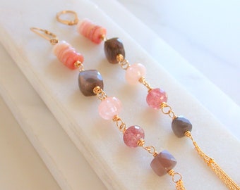 Mom Day Sale! Gemstone Duster Earrings.  Chocolate Moonstone, Pink Opal, Morganite and Quartz. Long Duster Earings.