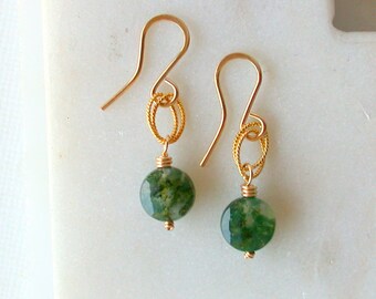 Petite Classic Drop Earrings. Moss Agate Drop Earrings. Gemstone Coin Earrings. Green Gemstone Earrings. Everyday Gemstone Earrings