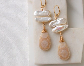 Mom Day Sale! OOAK. One of A Kind Pearl and Coral Fossil Statement Earrings. Bridal Boho Wedding Earrings.