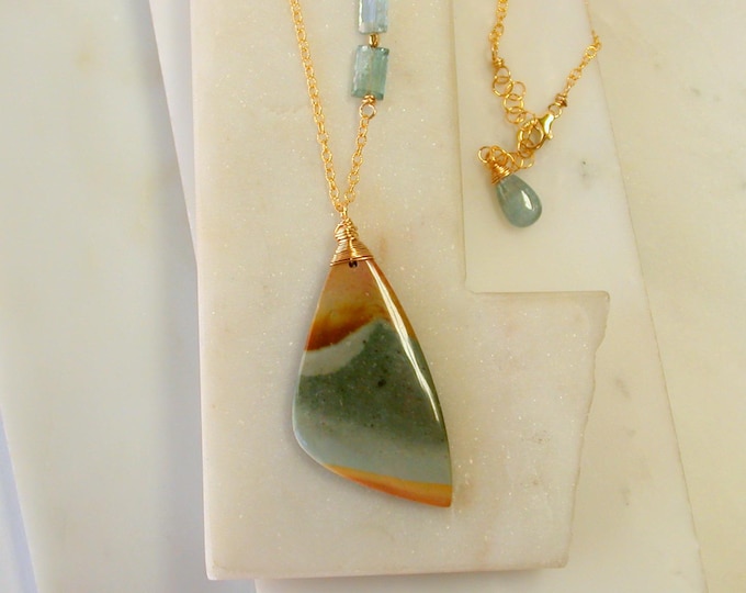 Featured listing image: OOAK. Unique Polychrome Jasper Pendant with Aquamarine