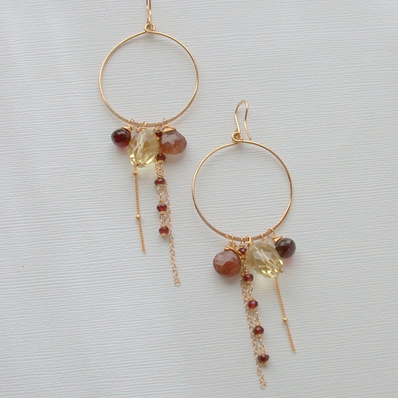 Statement Earrings Gemstone Hoops Hoop Earrings Gemstone Hoops Sunstone Gypsy Hoops Gemstone Cascade Earrings Citrine Hoops Boho Earrings
