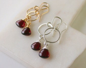 Petite Gemstone Garnet Drops. Minimalist Garnet Earrings. Small Garnet Drop Earrings. Birthstone January Birthstone Earrings.