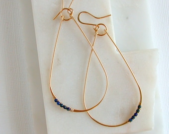 Sapphire Gemstone Wrapped Teardrop Earrings. Gemstone Wrapped Earrings. Blue Sapphire Earrings. Gold and Sapphire Earrings. Large Teardrop