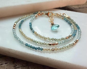Delicate Apatite Beaded Gemstone Necklace. Blue Green Ombré Necklace