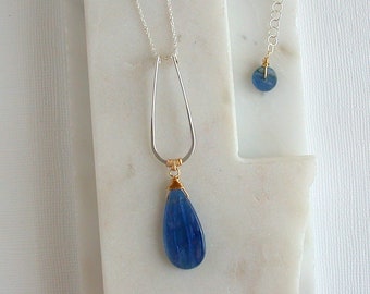 Polished Kyanite Teardrop Necklace. Mixed Metal Gemstone Necklace. Blue Kyanite Necklace. Blue Stone Necklace. Blue Gemstone Pendant.