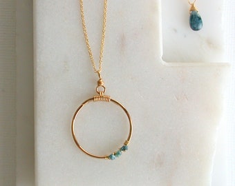 Blue Diamond Nugget Circle Necklace. Diamond Embellished Girlfriend Necklace. Diamond Friendship Necklace.