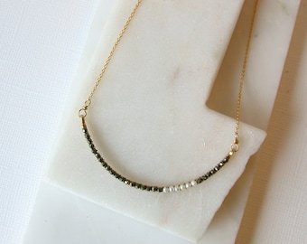 Mom Day Sale! Pyrite and Pearl Curving Bar Necklace.  Wire Wrapped Gemstone Necklace.