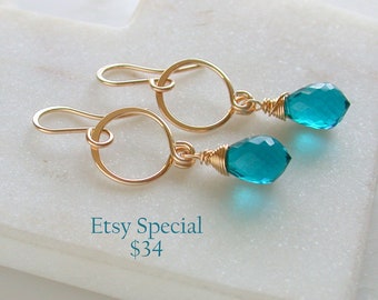 Mom Day Sale! Teal Hydro Quartz Petite Dangle and Drop Earrings. Special Price. Aqua Blue Quartz Earrings. Minimalist Gemstone Earrings.