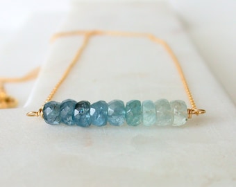 Moss Aquamarine Ombre Necklace. Gemstone Ombre Necklace. Gemstone Bar Necklace. Blue Ombre Gemstone Necklace.