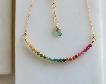 Tourmaline Rainbow Bar Necklace. Curving Gemstone Bar Necklace. Multi Tourmaline Necklace. Gifts for Her. Choose metal. Linda Trent Jewelry