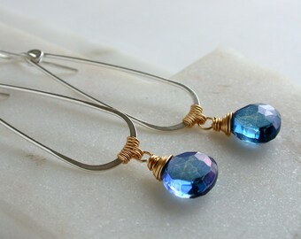 Blue Gemstone Long Teardrop Earring. Blue Quartz Drop Earrings. Mixed Metal Gemstone Earrings. Faceted Blue Quartz Earrings. Mixed Metal