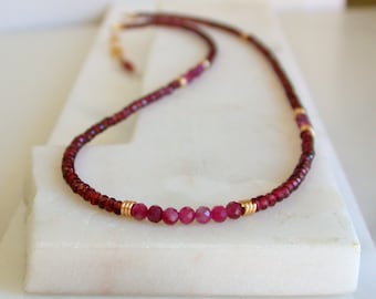 Garnet Strand Necklace with Pink Tourmaline. Gemstone Strand Necklace. Minimalist Gemstone Necklace. Red Garnet Stone Necklace.