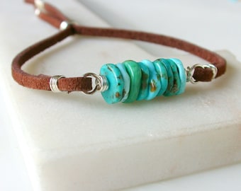 Turquoise and Suede Leather Bracelet. Boho Turquoise and Leather Bracelet. Suede and Turquoise. Brown Leather and Tuquoisel Bracelet.