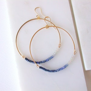 Large Boho Blue Ombre Sapphire Hoop Earrings. Ombre Sapphire Earrings. Blue Sapphire Earrings. Sapphire Statement Earrings.