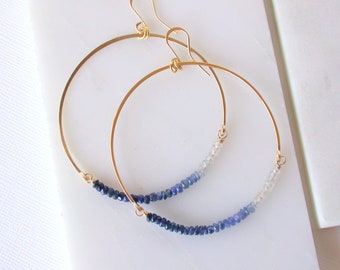 Mom Day Sale! Large Boho Blue Ombre Sapphire Hoop Earrings. Ombre Sapphire Earrings. Blue Sapphire Earrings. Sapphire Statement Earrings.