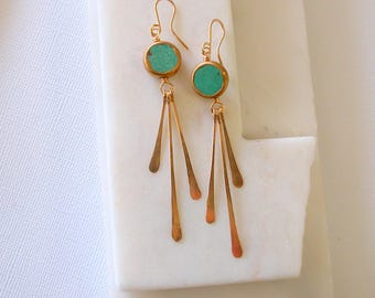 Turquoise Coin Fringe Earrings. Brass Rimmed Turquoise. Boho Turquoise Earrings.