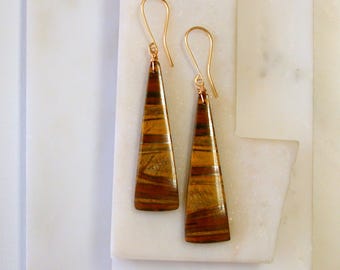 OOAK.  Tiger's Eye Pyramid Gemstone Earrings