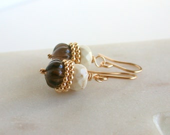 Gemstone Stack Earrings. Smokey Quartz and White Jade Earrings. Brown and Cream Earrings. Small Gemstone Earrings.