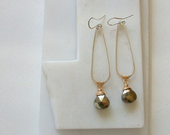 Mom Day Sale! Pyrite and Mixed Metal Teardrop Earrings. Pyrite and Sterling silver Earrings.  Modern Pyrite Earrings.