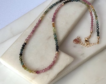 Faceted Tourmaline Gemstone Beaded Necklace, 14k Gold Fill