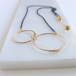 Oxidized Sterling Silver Hoop Necklace: Rose Gold & 14k Gold Fill
