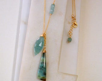Chrysocolla, Aquamarine  Statement Necklace. Gemstone Necklace.