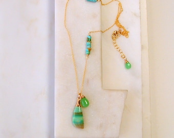 OOAK. One of A Kind Petrified Wood Pendant Necklace. Turquoise and Chrysoprase.