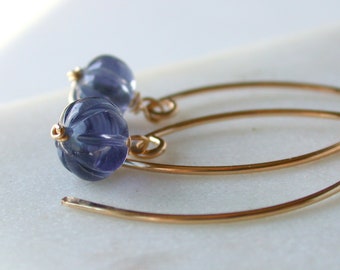 Mom Day Sale! Petite Curving with Carved Blue Quartz. Simple Earrings. Classic Earrings. Blue Stone Earrings. Threader Stone Earrings.