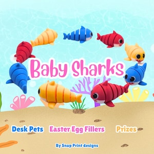 Puede incluir: Imagen de figuras de tiburones coloridos en rojo, azul y amarillo, dispuestas en círculo alrededor de las palabras "Baby Sharks". La imagen también incluye el texto "Desk Pets", "Easter Egg Fillers" y "Prizes".