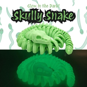 May include: A light green, articulated snake toy with a skull-like head and segmented body. The text "Glow in the Dark! Skully Snake" is above the toy. The bottom half of the image shows the snake glowing green.