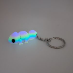 Peut inclure: Un porte-clés caméléon qui brille dans le noir avec une chaîne en métal argentée. Le caméléon est de couleur bleu clair, vert et violet.
