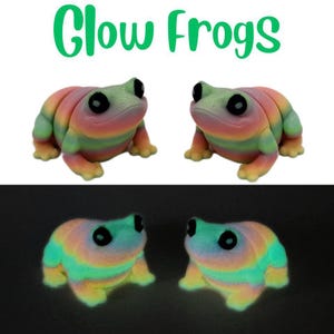 Può includere: Due figurine di rana color arcobaleno che brillano al buio. Le rane si guardano e hanno gli occhi verdi.