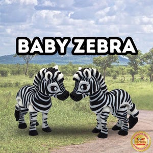 May include: Two black and white zebra figurines with articulated legs. The zebras are facing each other and have black eyes and noses. The background is a blurry image of a grassy field and a blue sky.