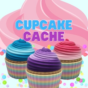 May include: Three cupcake-shaped containers with rainbow stripes. The containers are open and have colorful frosting on top. The text "CUPCAKE CACHE" is displayed above the containers.