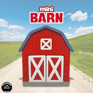 Op de afbeelding: Een kleine rode schuur met witte deuren en details, een grijs dak en de woorden "mini BARN" in het rood. De schuur staat tegen een achtergrond van een blauwe lucht en een groen veld.