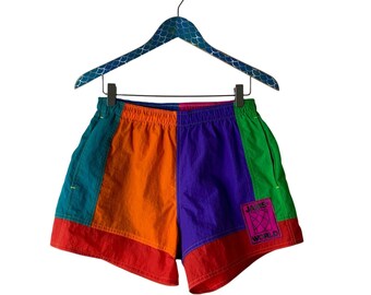 VTG Jams World Neon Colorblock Logo Drawstring Short Swim Trunks