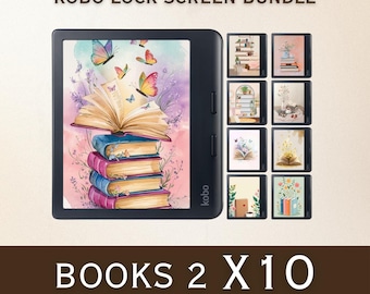 May include: A Kobo Lock Screen Bundle featuring a black e-reader with a colorful book and butterfly design. The set includes 10 screens with various book-themed illustrations. Text on the image reads: "BOOKS 2 X 10".