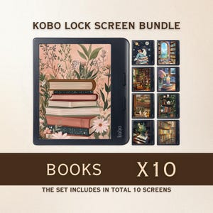Könnte beinhalten: Ein Kobo-Lockscreen-Bundle. Der schwarze E-Reader zeigt einen Stapel Bücher mit floralen Details. Das Set enthält 10 Bildschirme mit Illustrationen zum Thema Bücher. Der Text lautet "BOOKS X10".