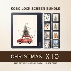 Op de afbeelding: Een Kobo e-reader toont een kerstthema vergrendelscherm, met een rode auto met een kerstboom. De afbeelding toont een bundel van 10 schermen met kerstthema. Tekst luidt "KOBO LOCK SCREEN BUNDLE" en "CHRISTMAS X10".