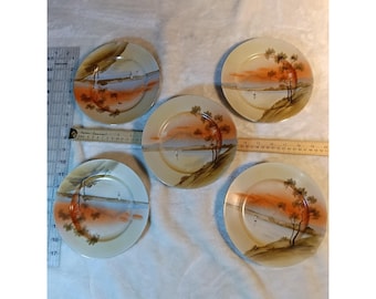 Zestaw 5 ręcznie malowanych japońskich talerzy widokowych z zachodem słońca i żaglówką w stylu vintage