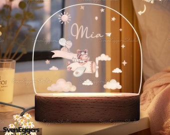 Personalized Bear On Plane Night Light For Baby, Cute Animal Night Lamp, Baby Bedside Lamp, Kids Room Decor, Gift For Kids