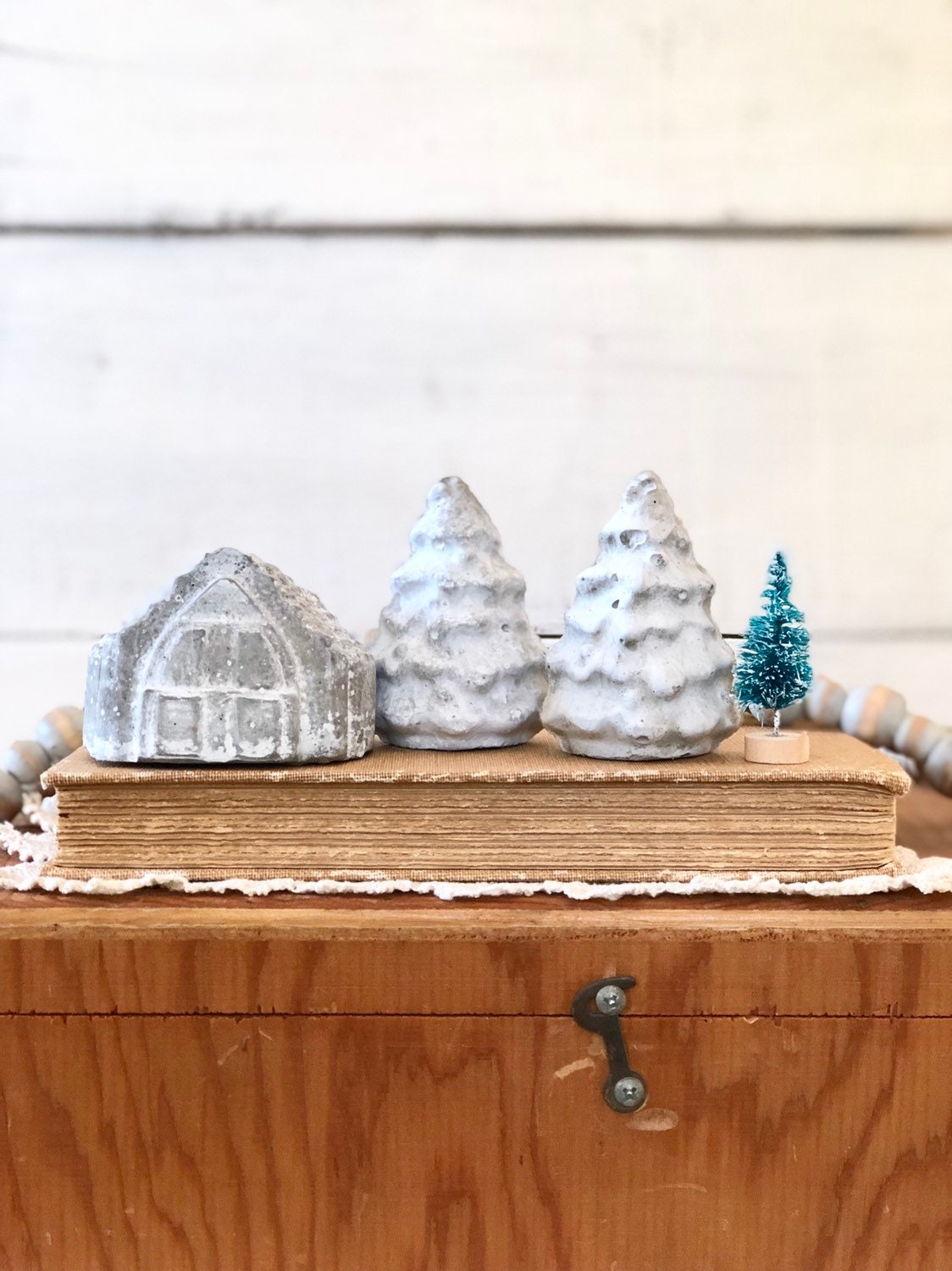 Concrete Cement Christmas Cottage Gingerbread House with Two Trees Set