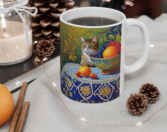 Colorful Cat & Floral Still Life Mug | Hand-Painted Flowers and Fruit Ceramic Mug